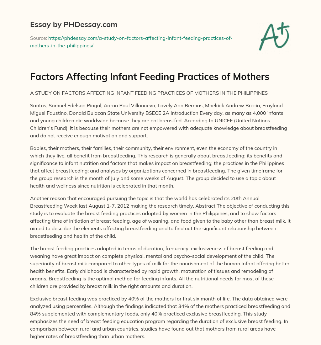Factors Affecting Infant Feeding Practices of Mothers essay