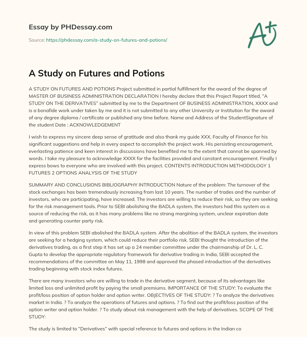 A Study on Futures and Potions essay