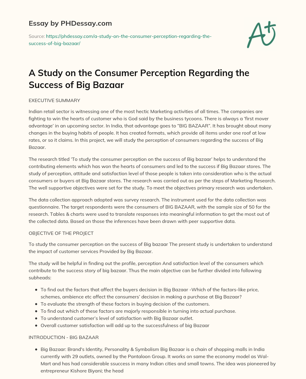 A Study on the Consumer Perception Regarding the Success of Big Bazaar essay