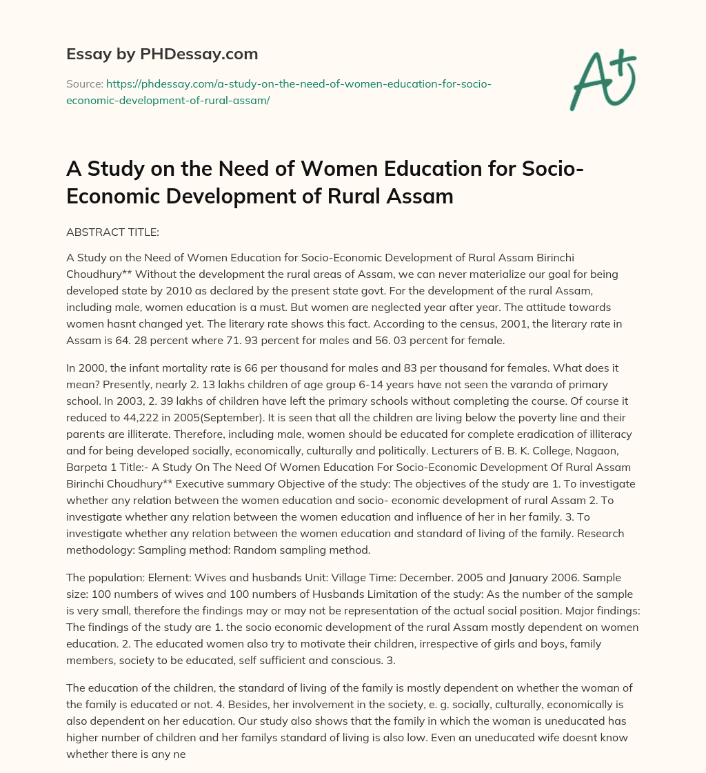 A Study on the Need of Women Education for Socio-Economic Development of Rural Assam essay