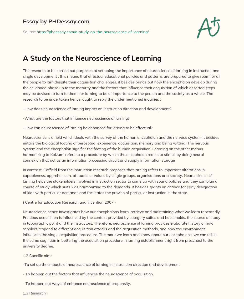 A Study on the Neuroscience of Learning essay
