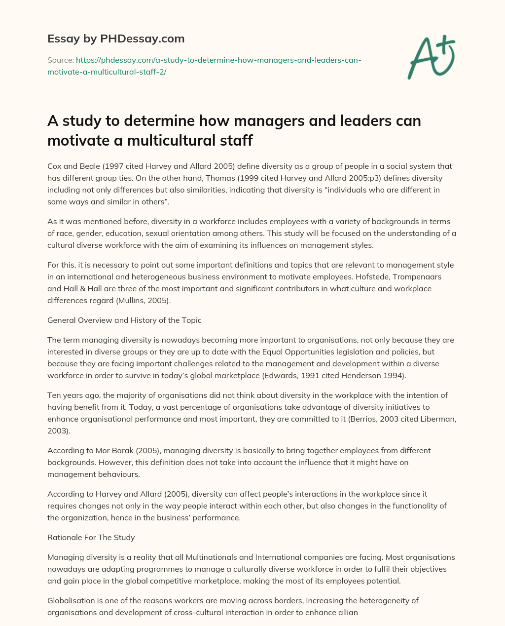 A study to determine how managers and leaders can motivate a multicultural staff essay