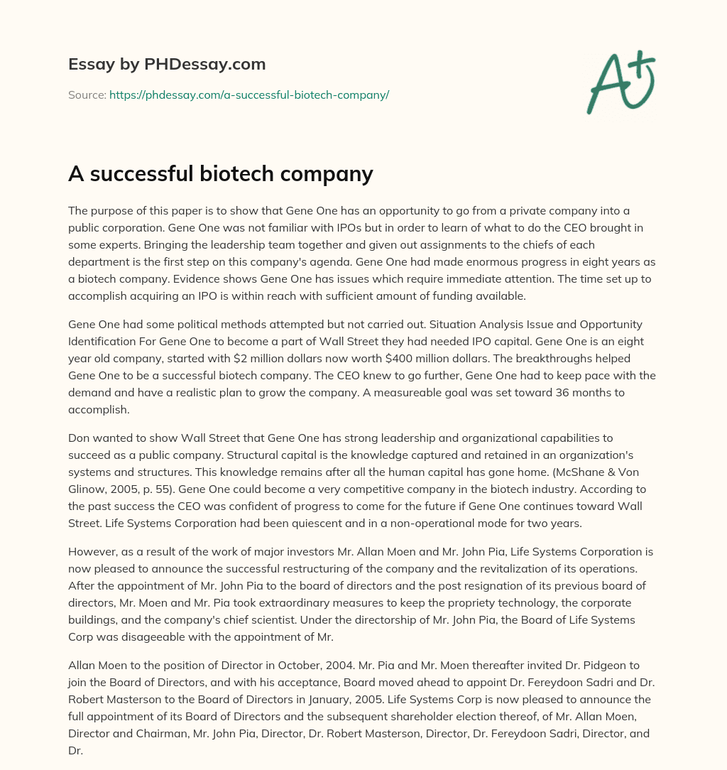 A successful biotech company essay