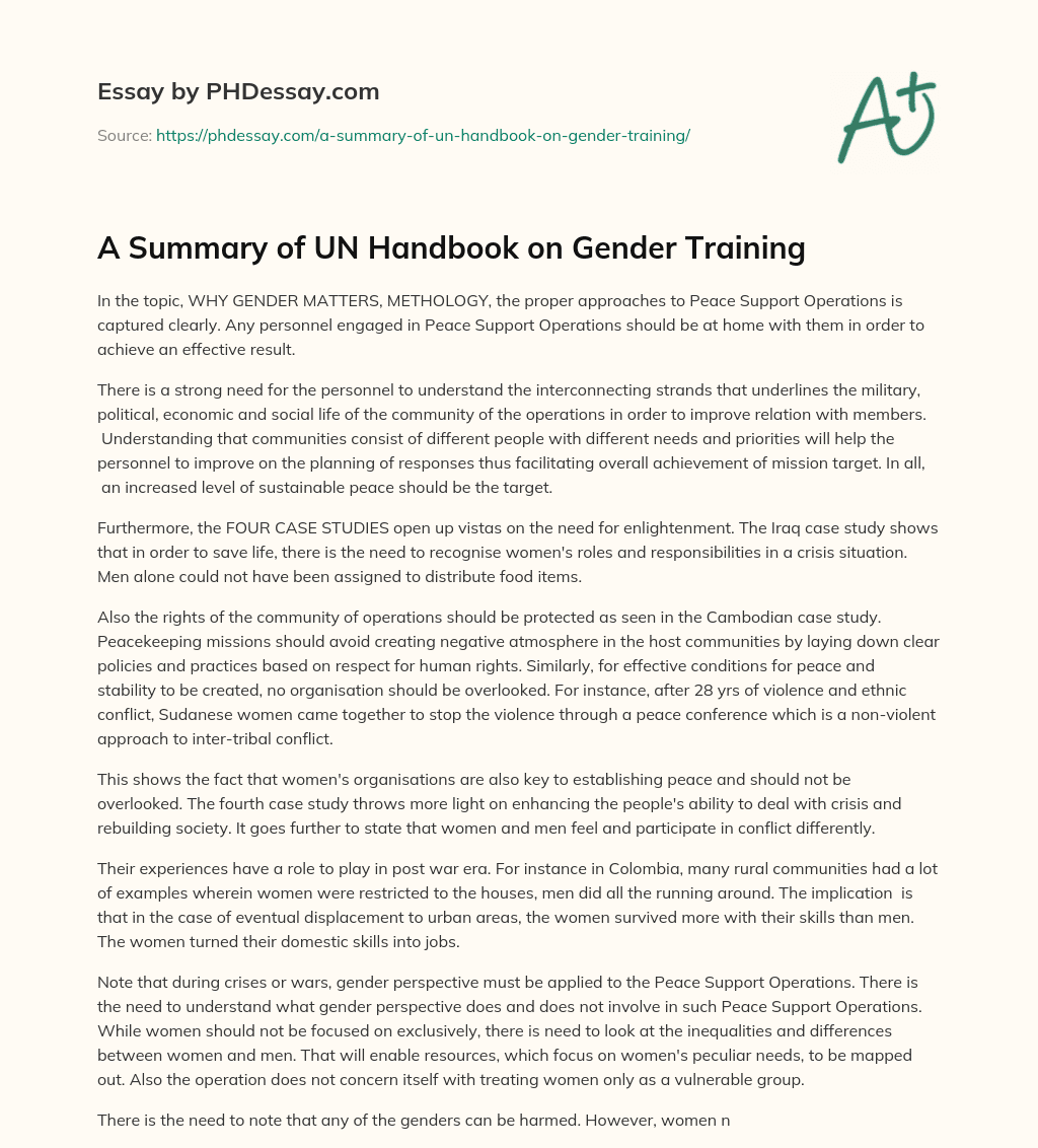 A Summary of UN Handbook on Gender Training essay