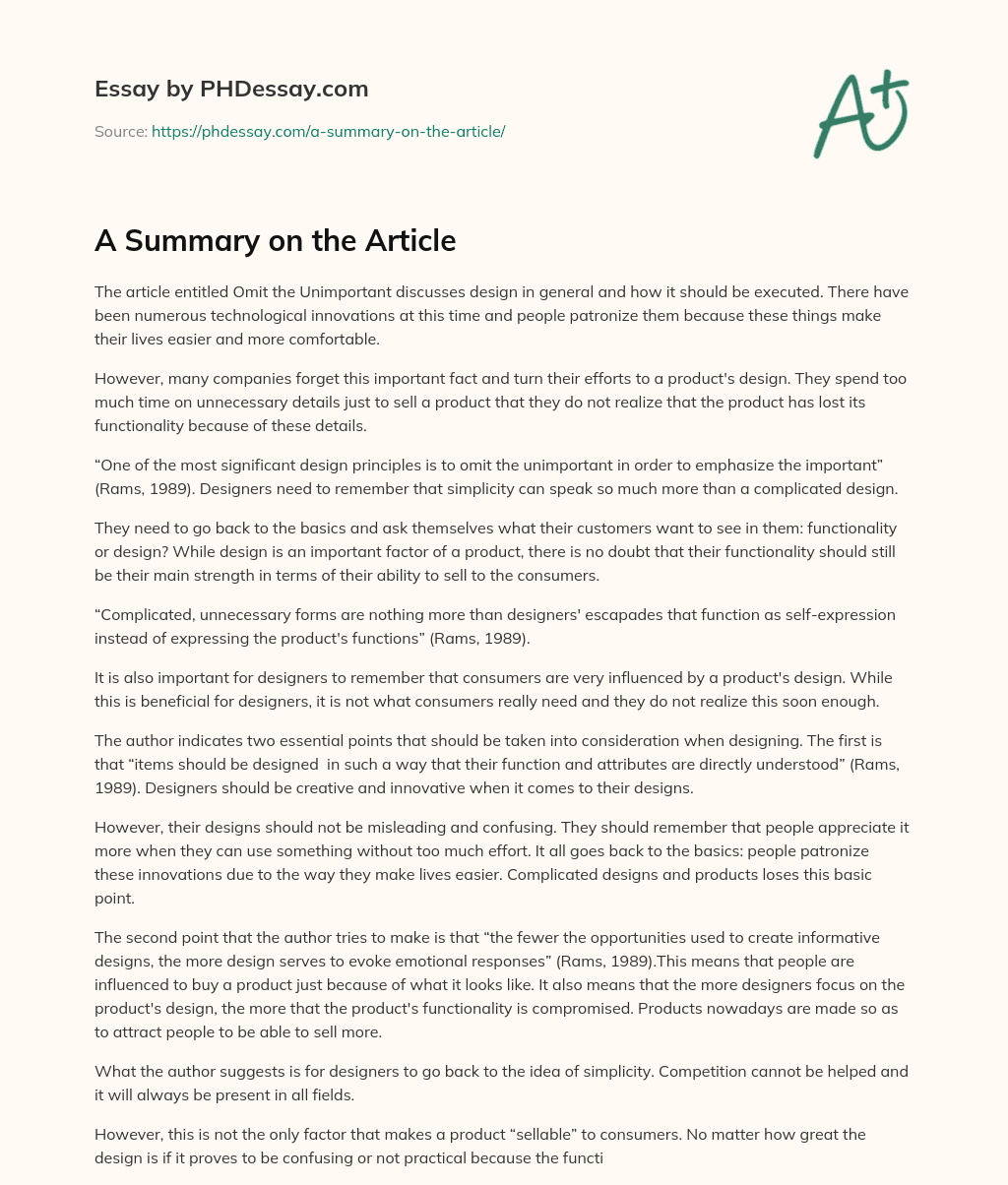 A Summary on the Article essay