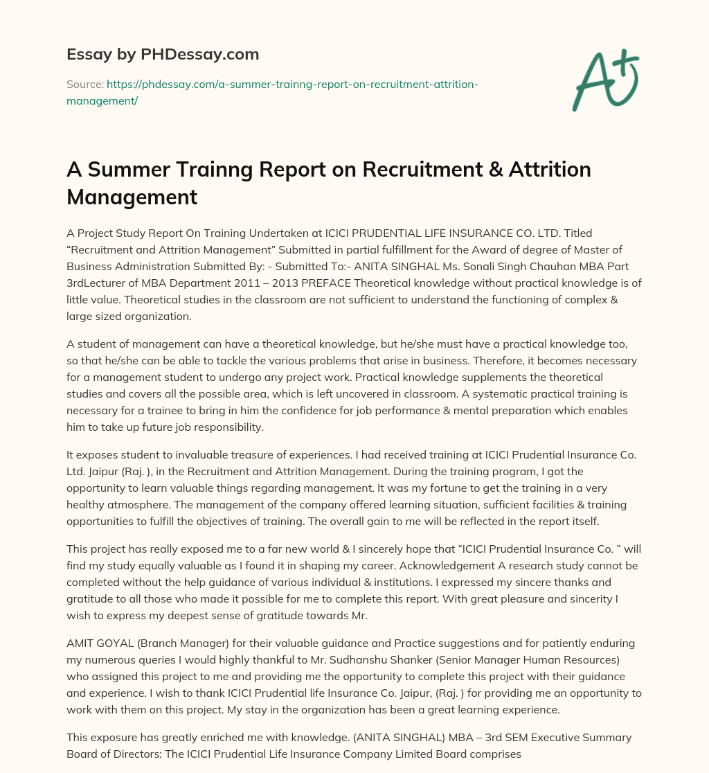 A Summer Trainng Report on Recruitment & Attrition Management essay