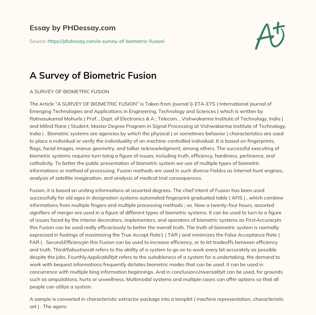 A Survey of Biometric Fusion essay
