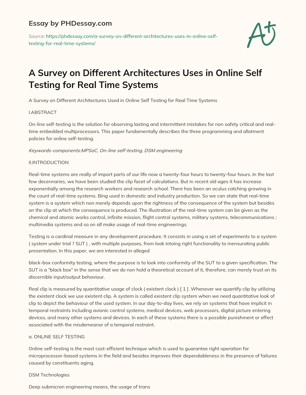 A Survey on Different Architectures Uses in Online Self Testing for Real Time Systems essay