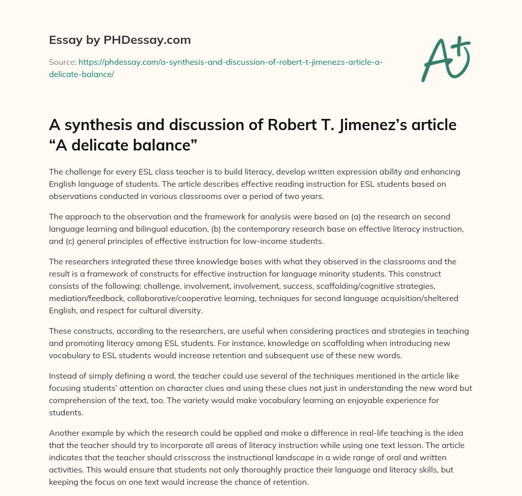 A synthesis and discussion of Robert T. Jimenez’s  article “A delicate balance” essay