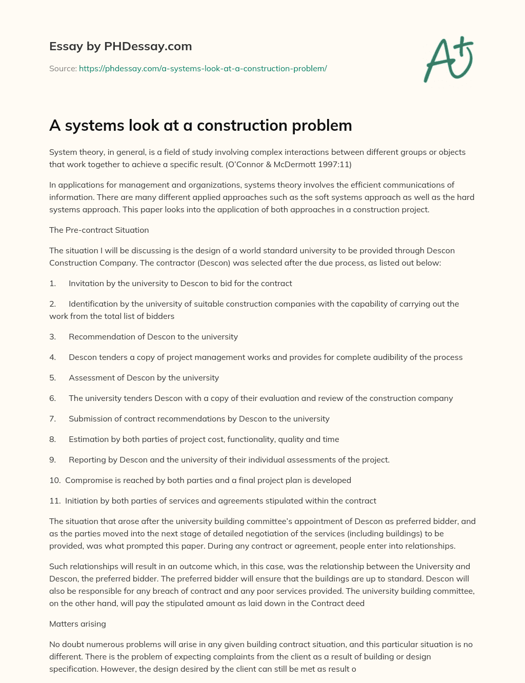 A systems look at a construction problem essay