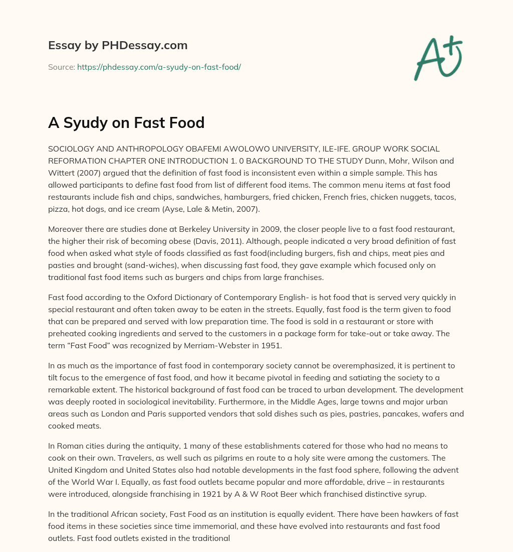 A Syudy on Fast Food essay
