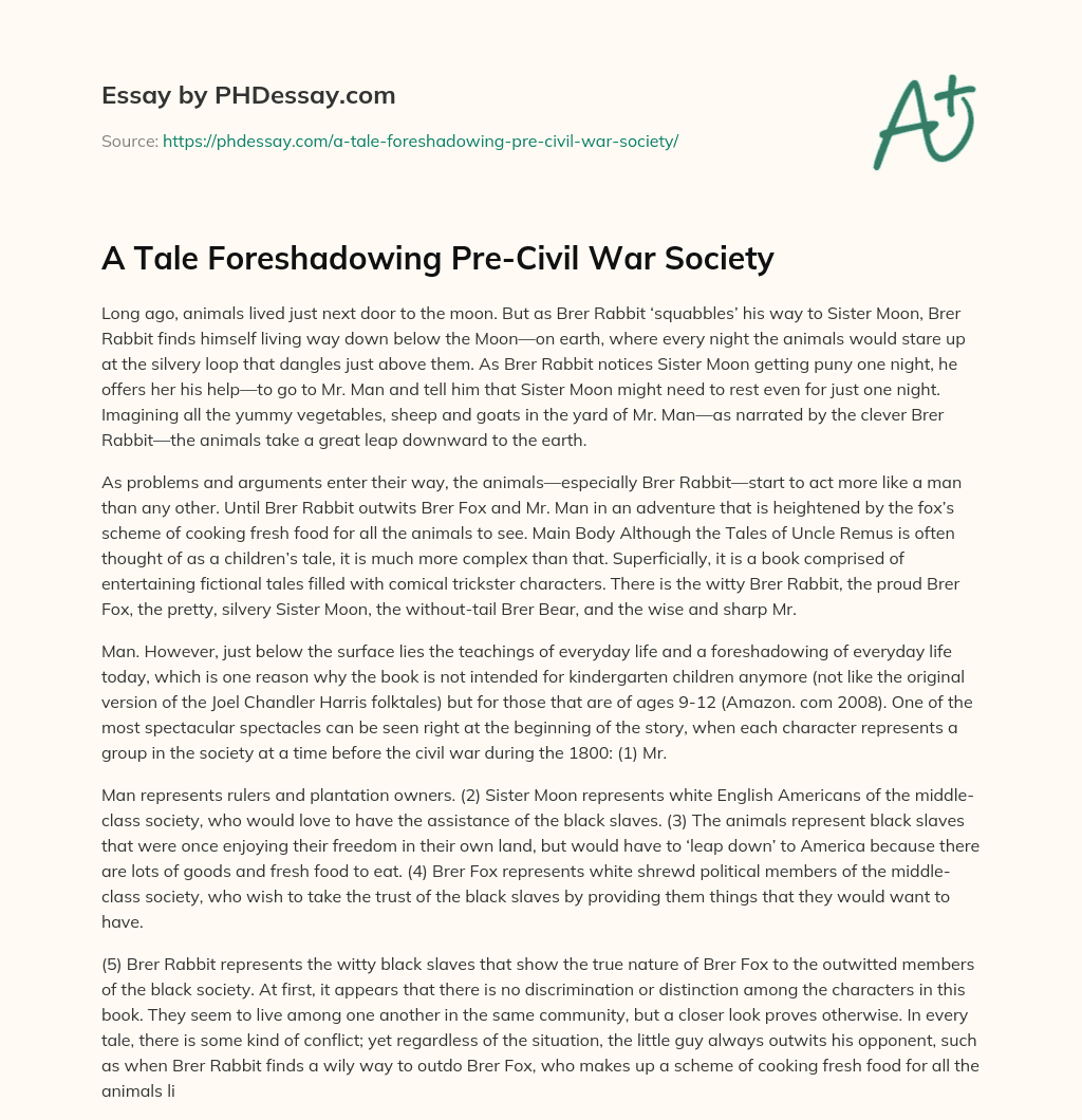 A Tale Foreshadowing Pre-Civil War Society essay