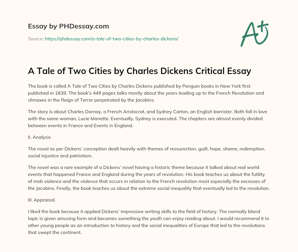 A Tale of Two Cities by Charles Dickens Critical Essay essay
