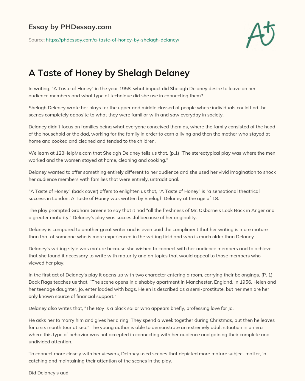 A Taste of Honey by Shelagh Delaney essay