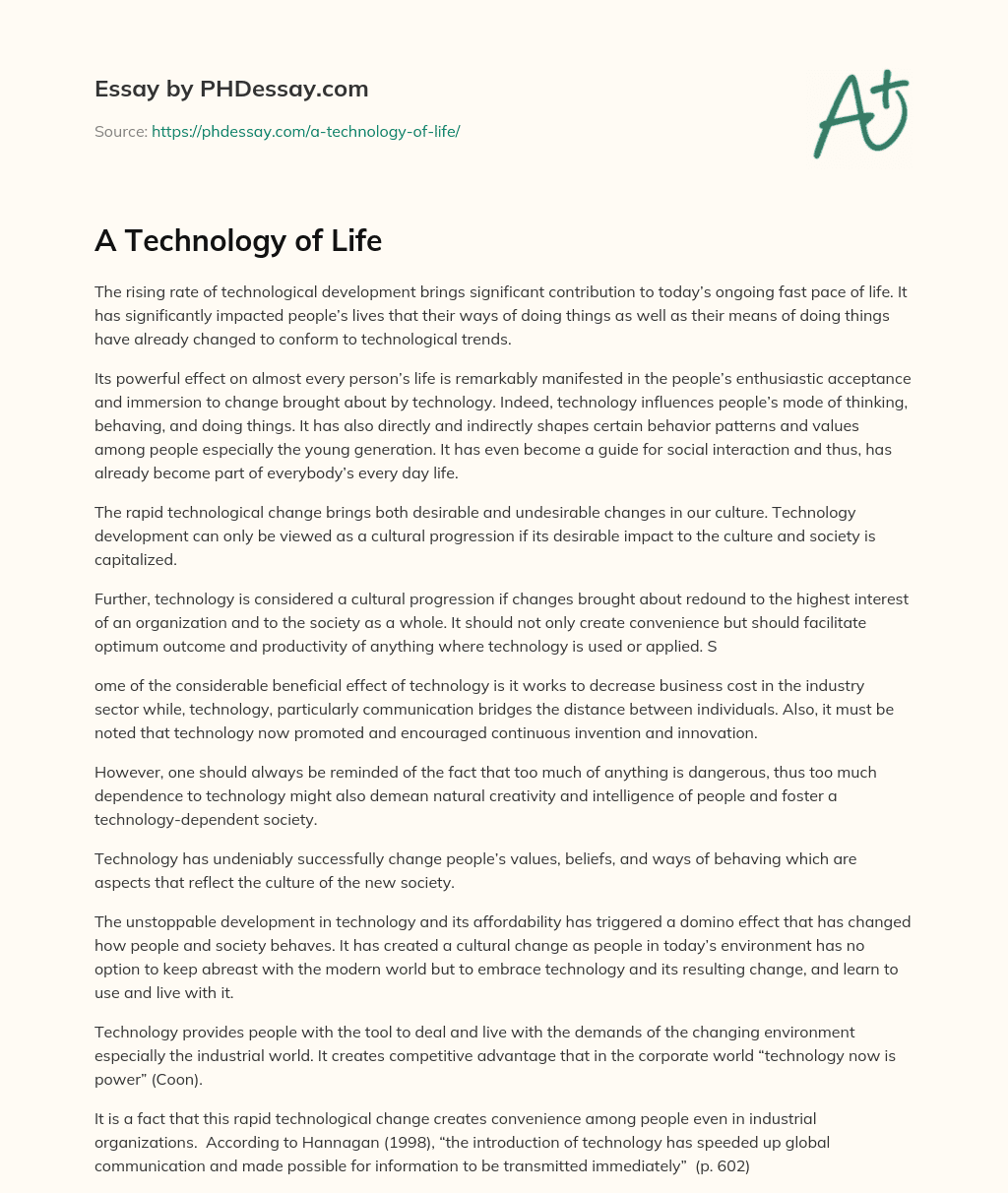 A Technology of Life essay