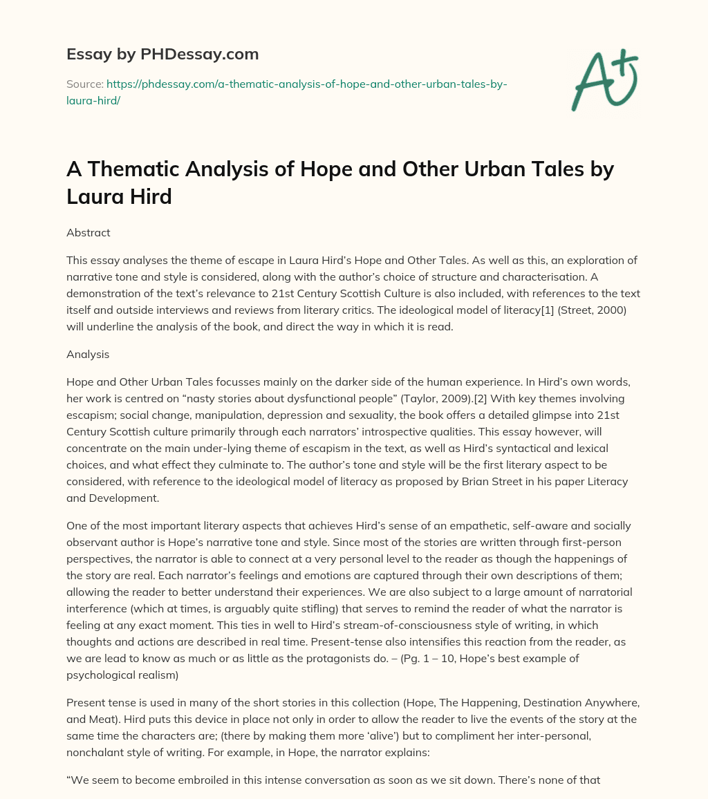A Thematic Analysis of Hope and Other Urban Tales by Laura Hird essay