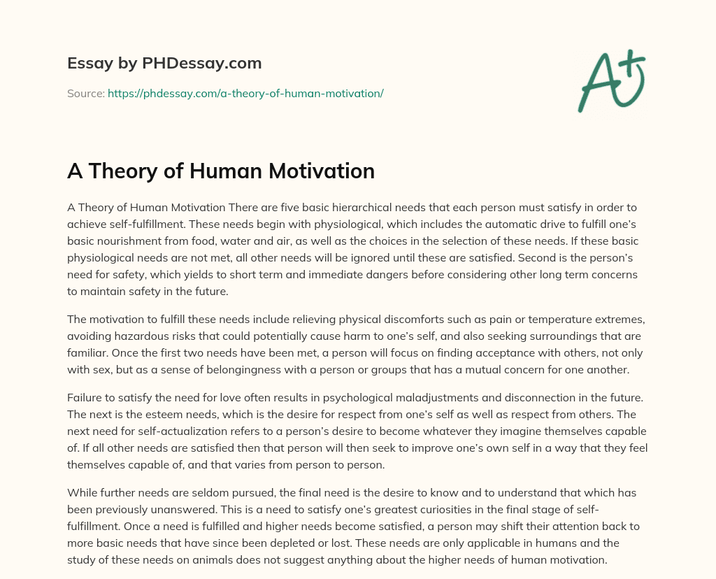 A Theory of Human Motivation essay