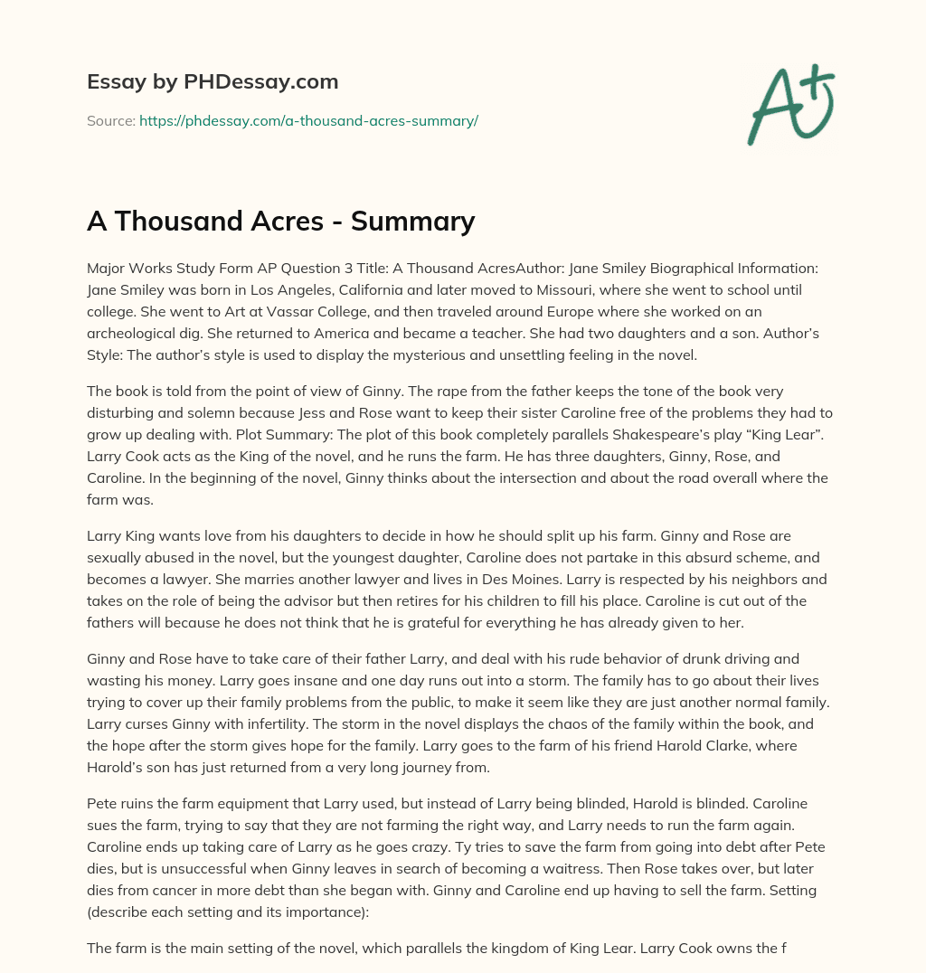 A Thousand Acres – Summary essay