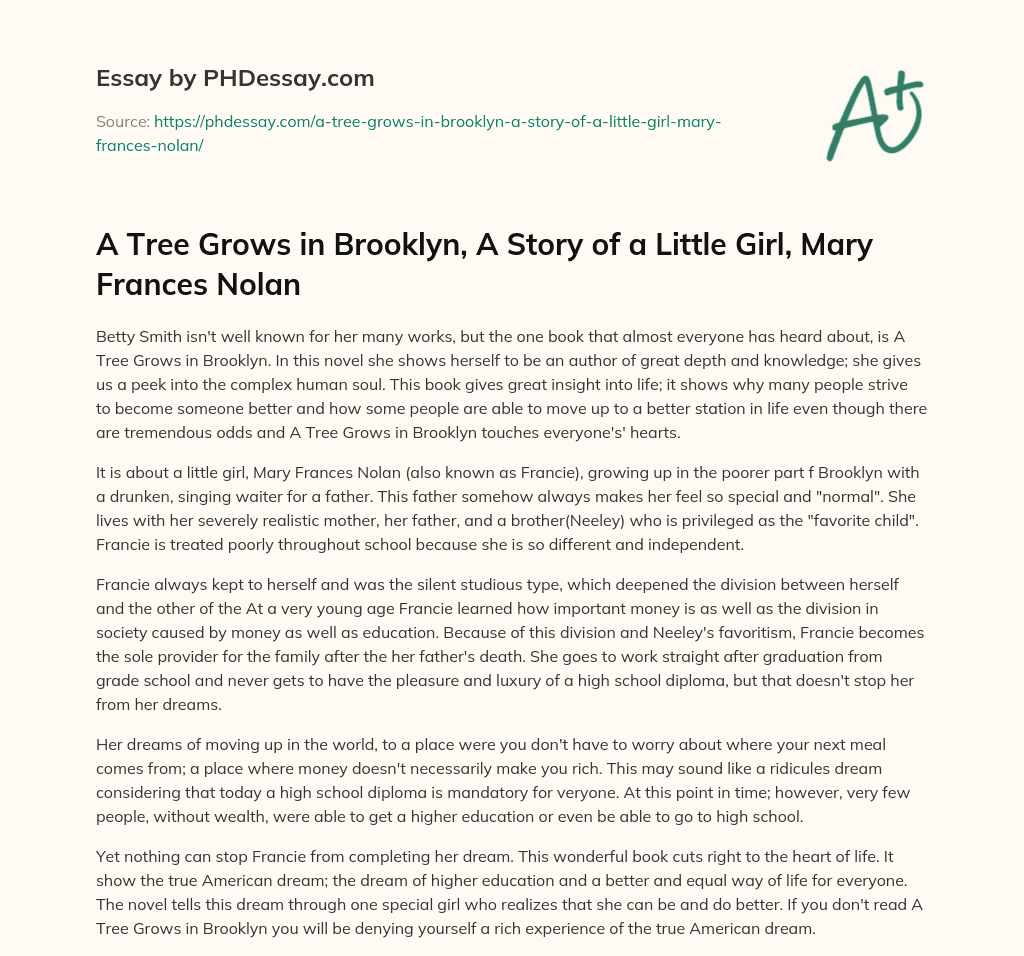 A Tree Grows in Brooklyn, A Story of a Little Girl, Mary Frances Nolan essay