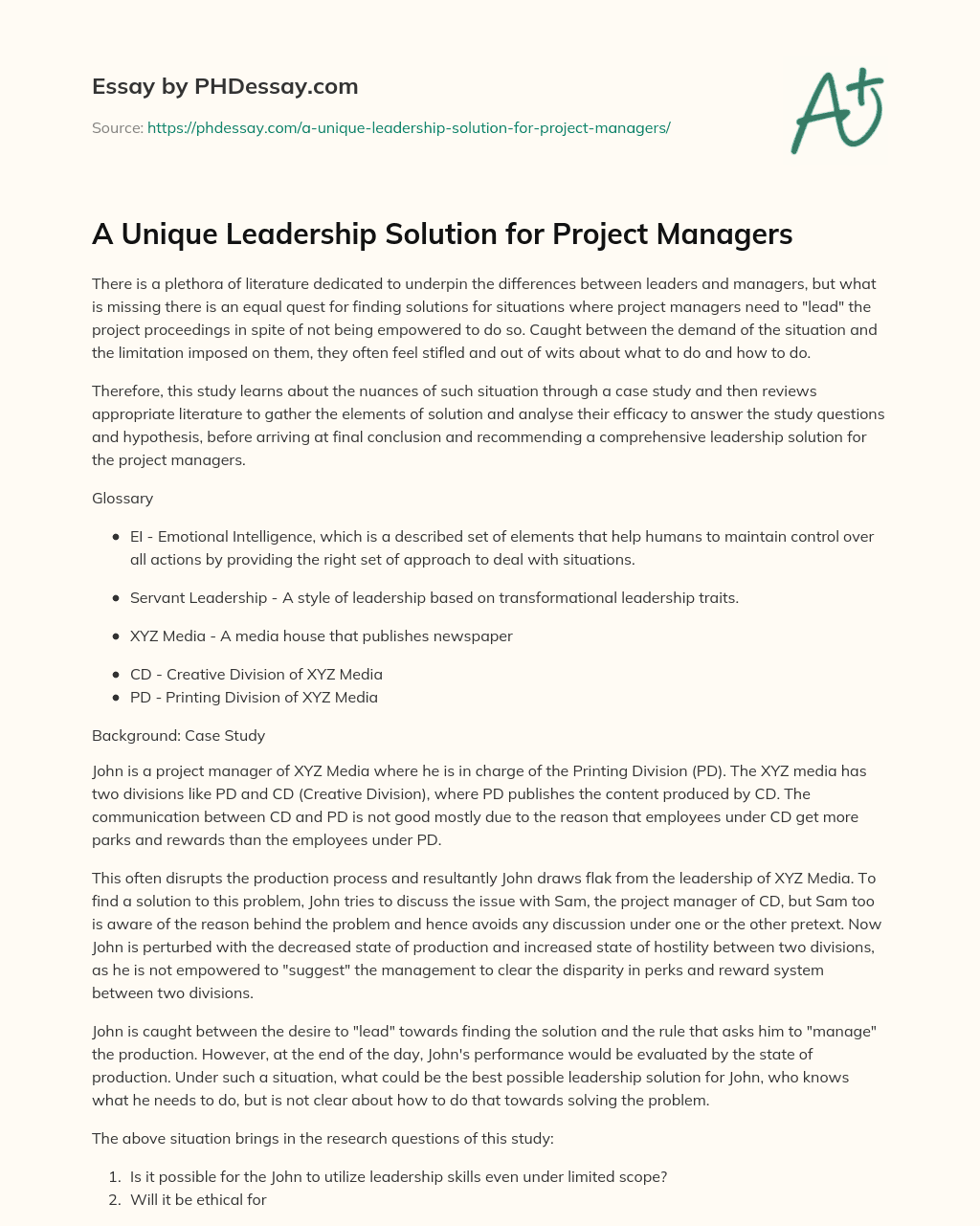 A Unique Leadership Solution for Project Managers essay