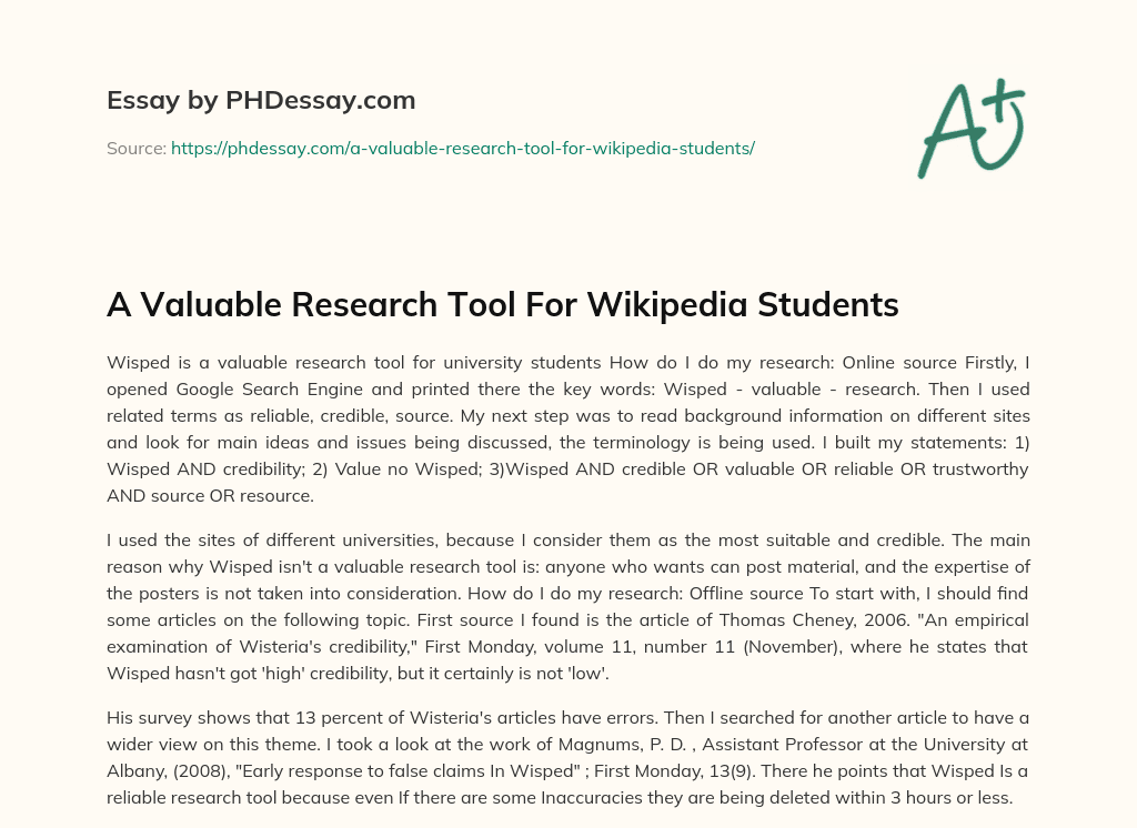 A Valuable Research Tool For Wikipedia Students essay