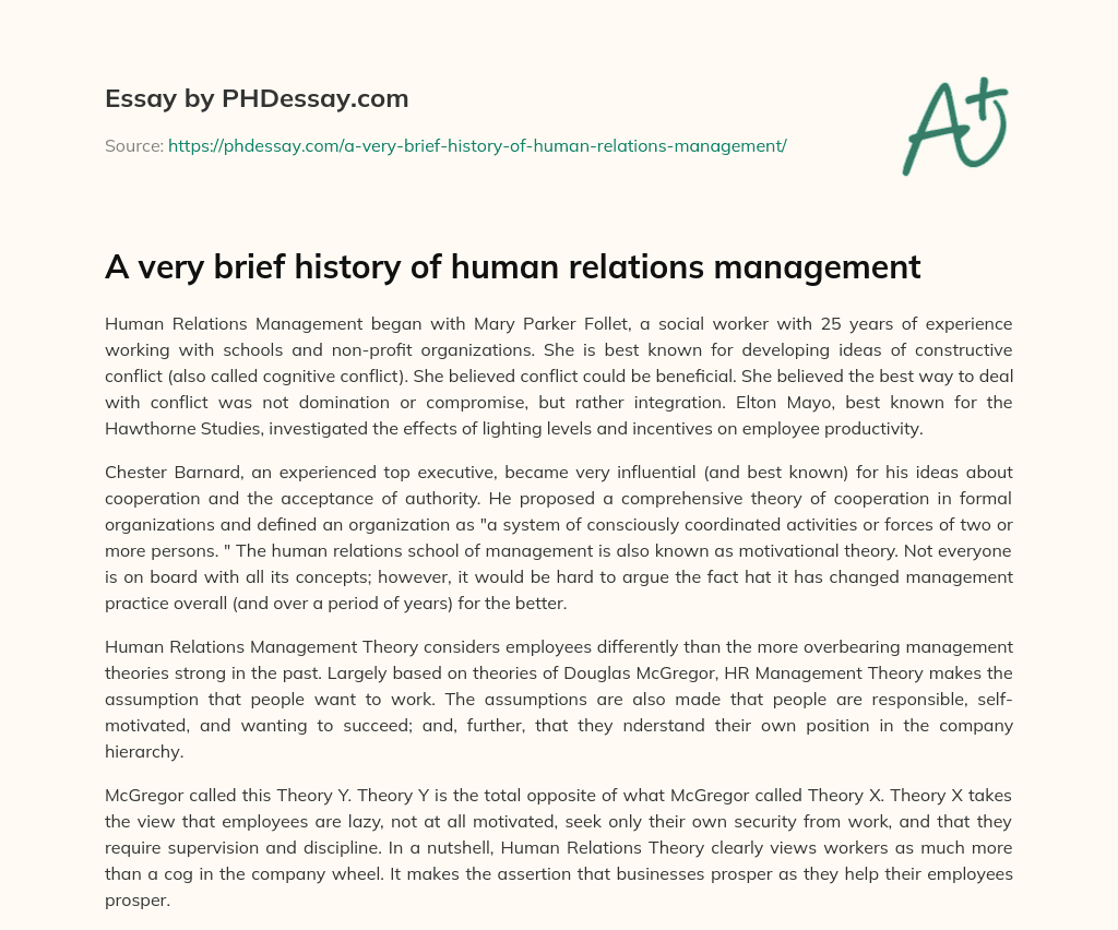 A very brief history of human relations management essay