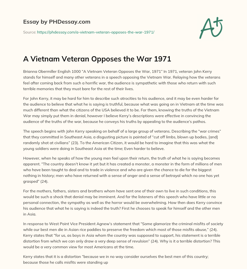 A Vietnam Veteran Opposes the War 1971 essay