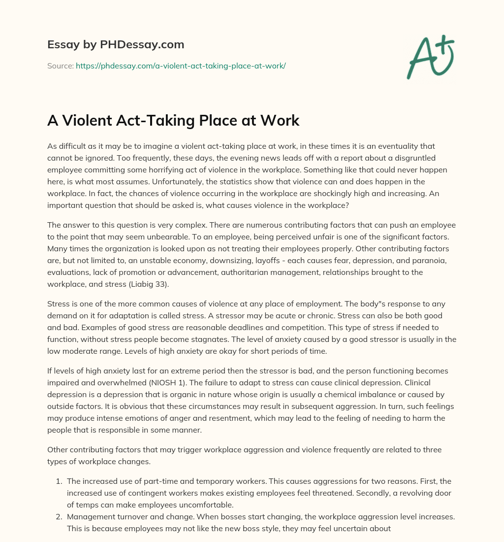 A Violent Act-Taking Place at Work essay