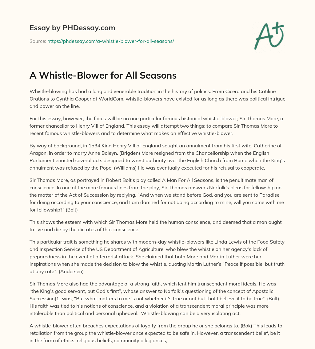 A Whistle-Blower for All Seasons essay