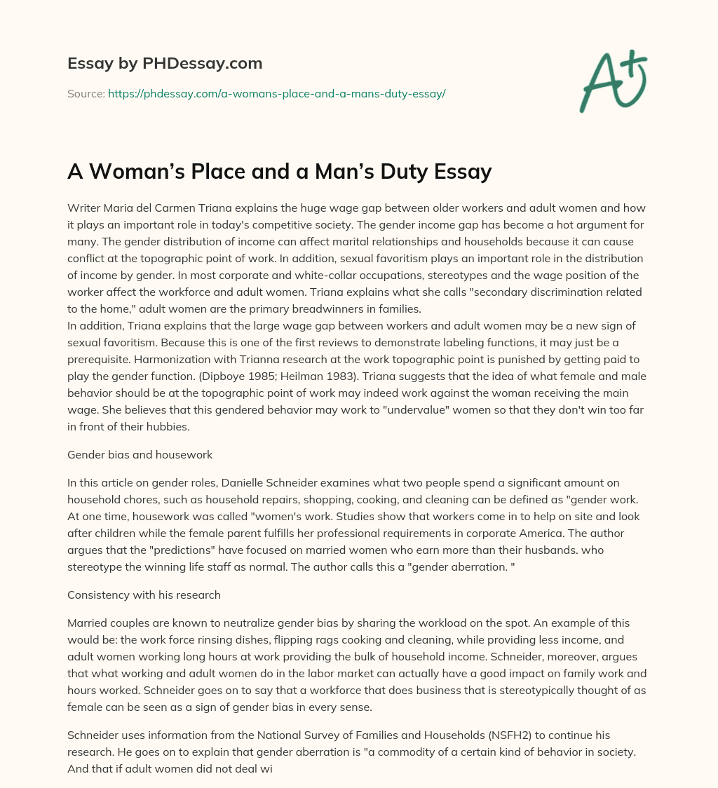 A Woman’s Place and a Man’s Duty Essay essay