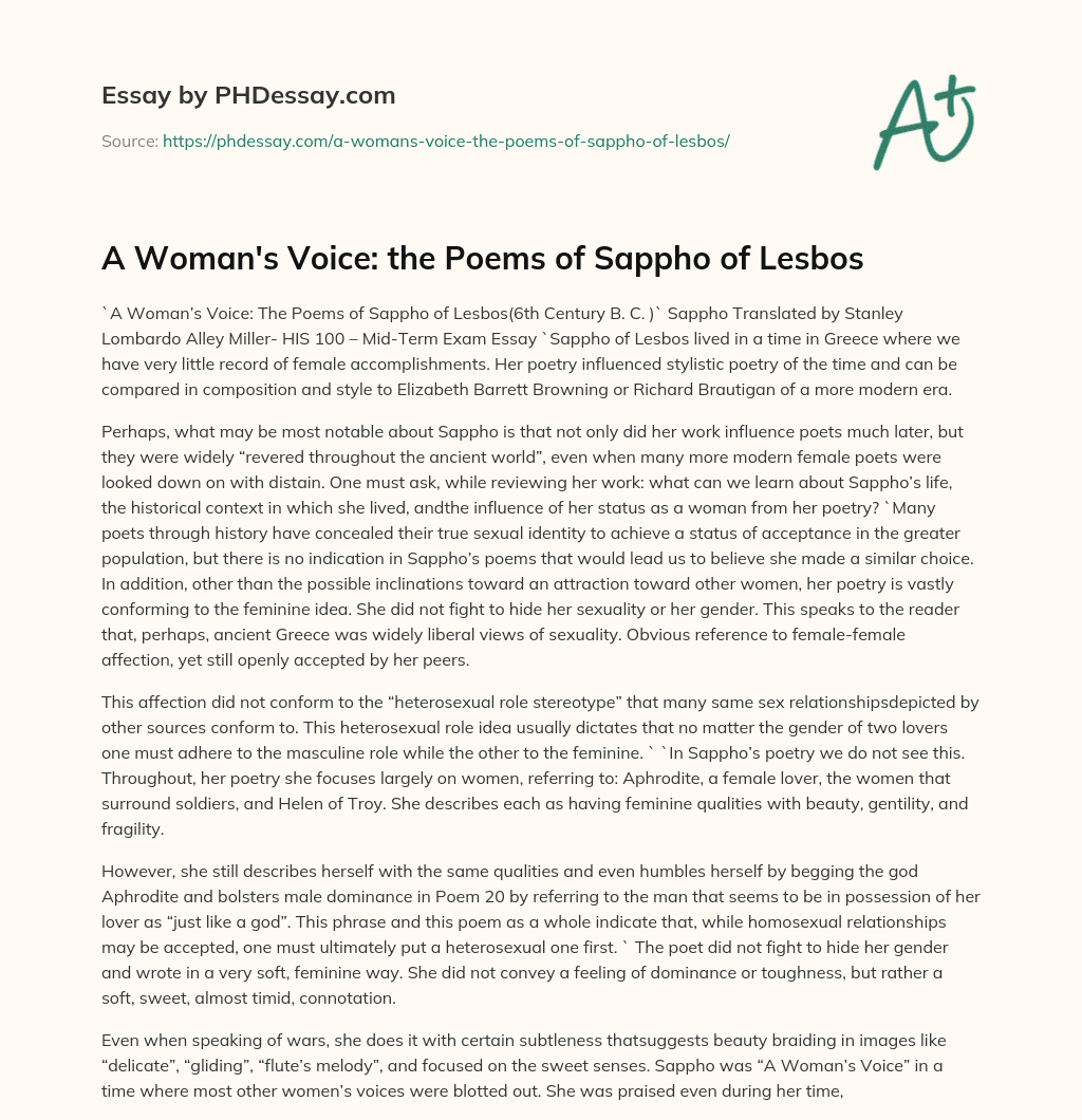 A Woman’s Voice: the Poems of Sappho of Lesbos essay