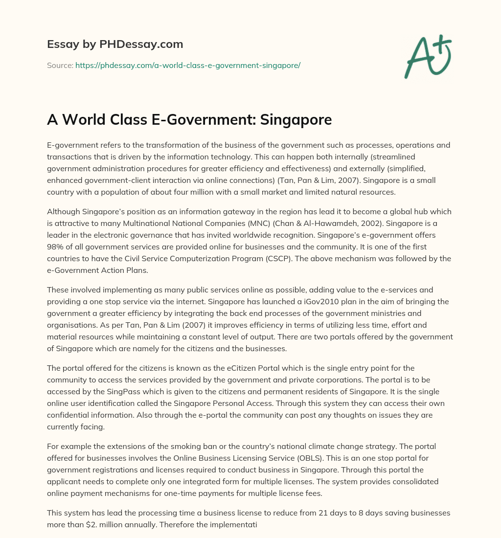 A World Class E-Government: Singapore essay