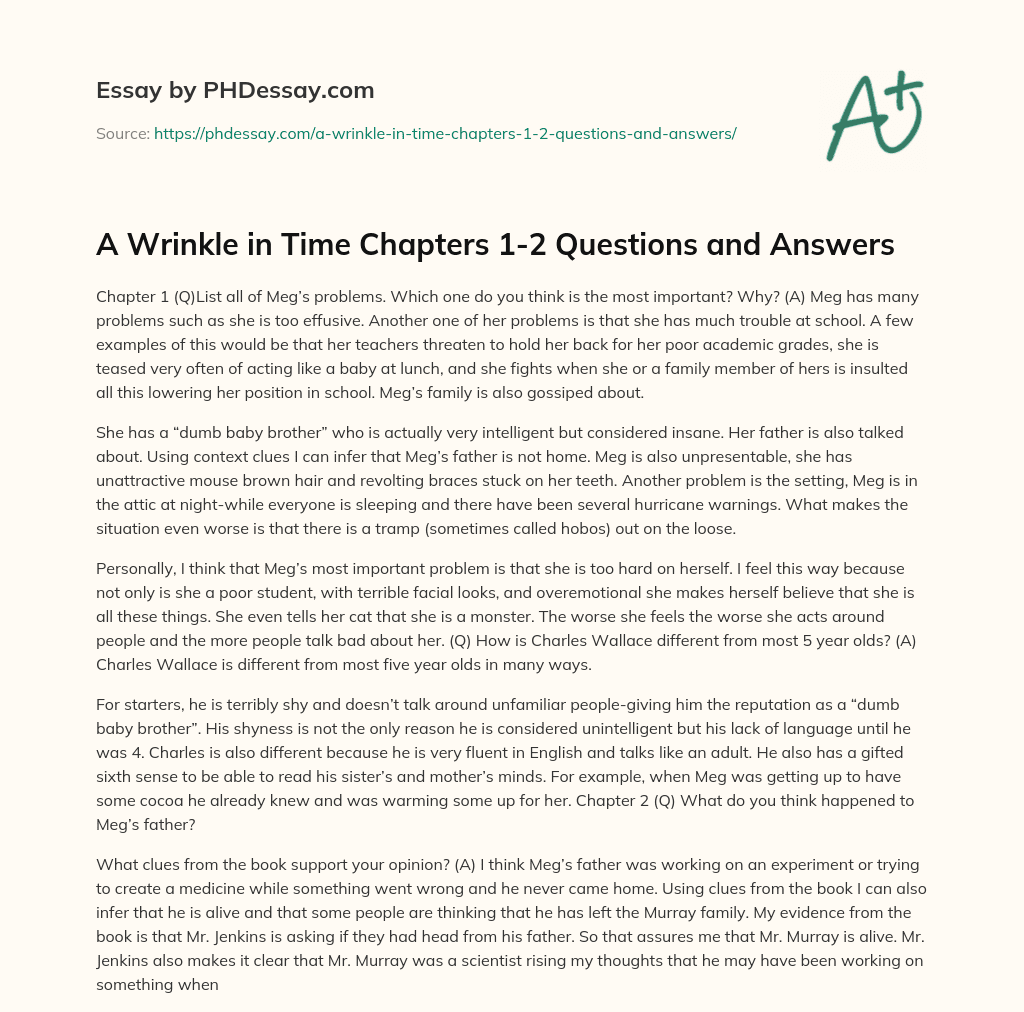 A Wrinkle in Time Chapters 12 Questions and Answers (500 Words
