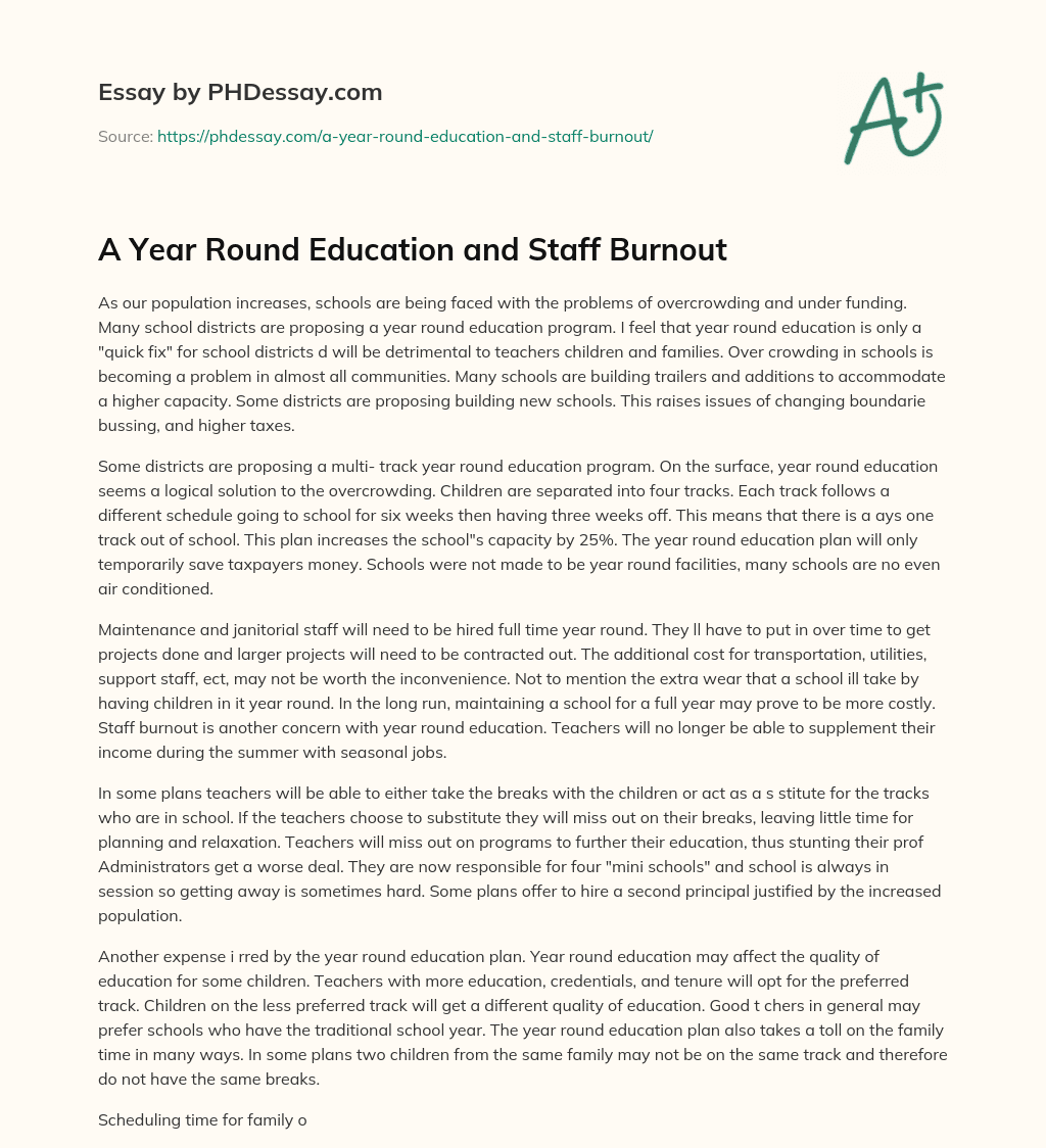 A Year Round Education and Staff Burnout essay