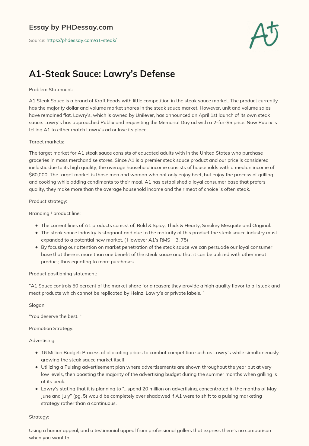 A1Steak Sauce Lawry’S Defense Case Study Example