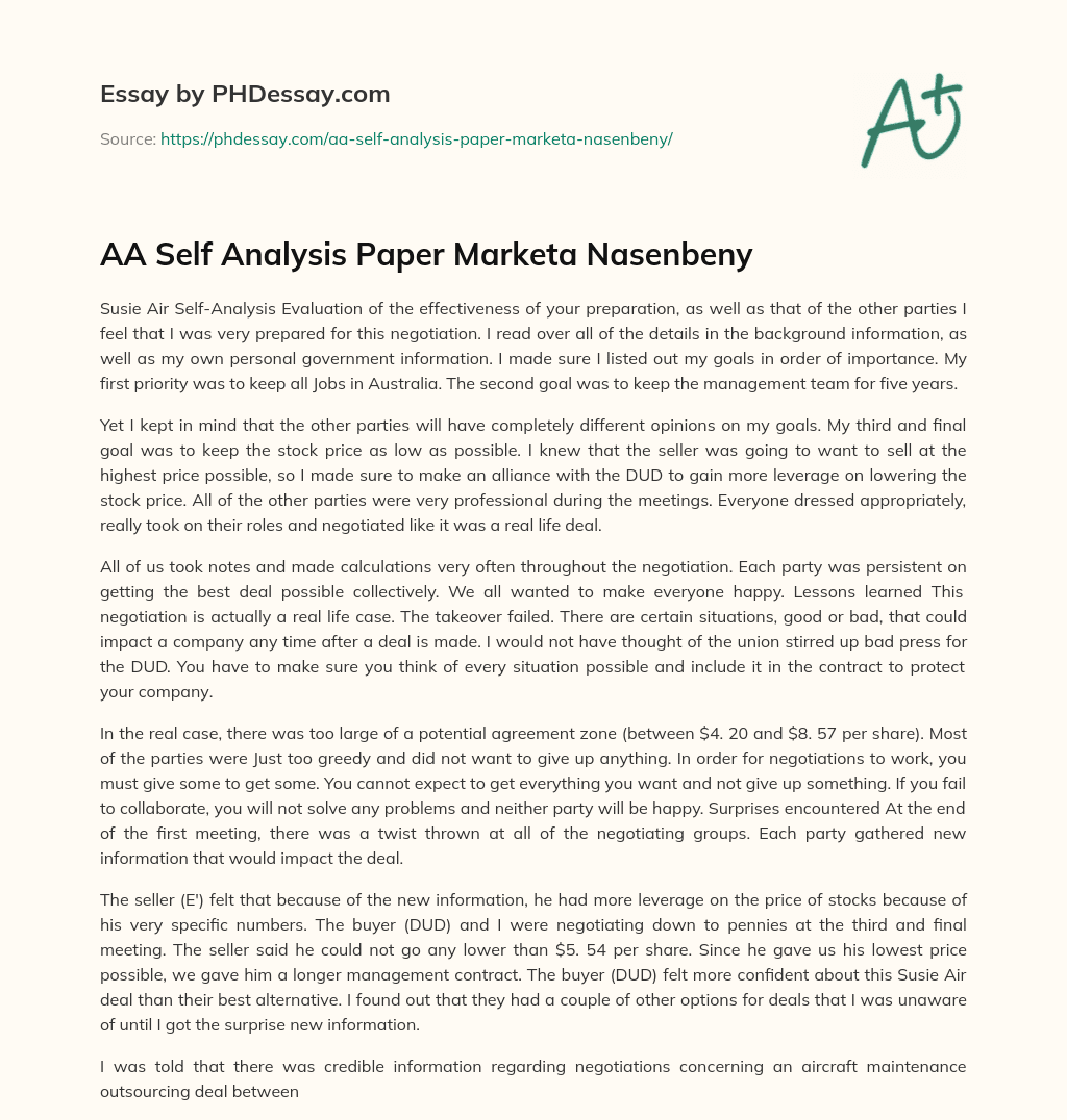 AA Self Analysis Paper Marketa Nasenbeny essay