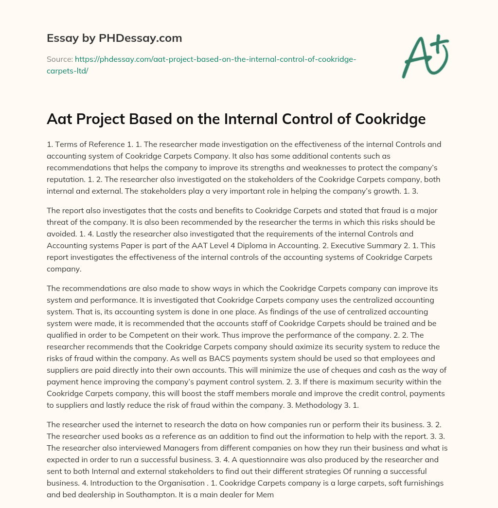 Aat Project Based on the Internal Control of Cookridge essay