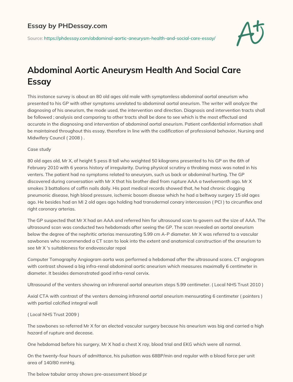 Abdominal Aortic Aneurysm Health And Social Care Essay essay