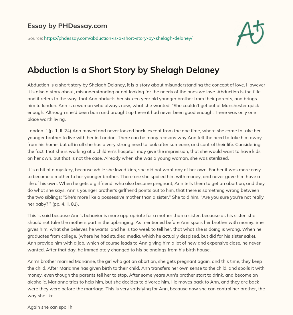 Abduction Is a Short Story by Shelagh Delaney essay