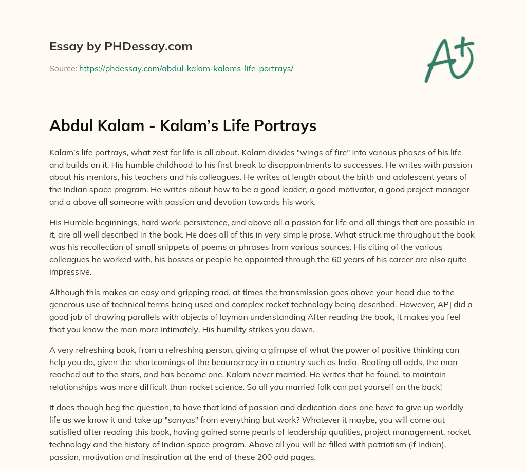 Abdul Kalam – Kalam’s Life Portrays essay