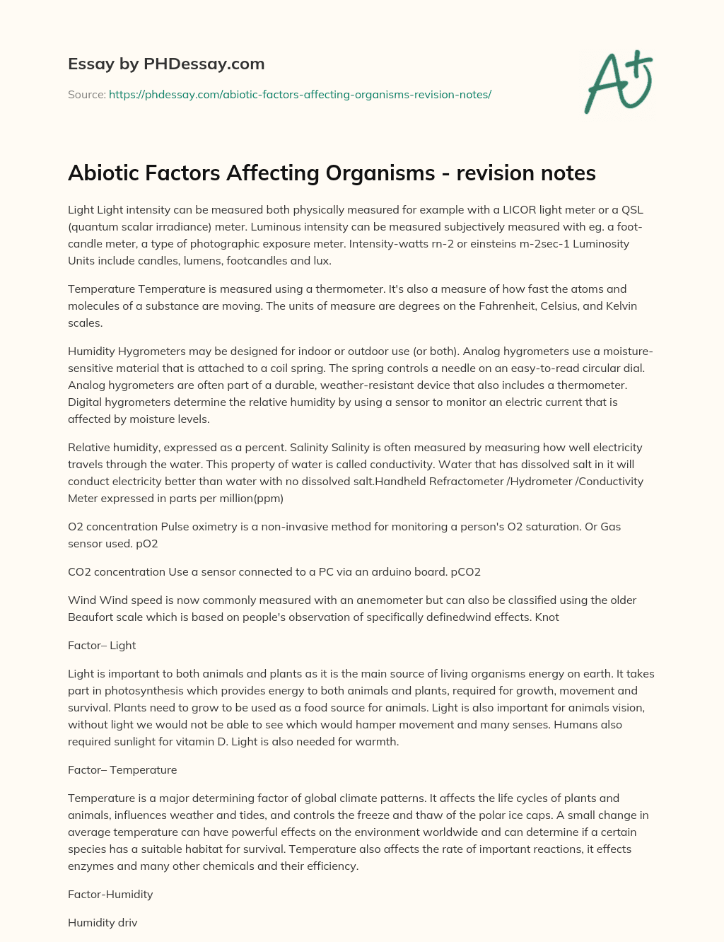 Abiotic Factors Affecting Organisms – revision notes essay