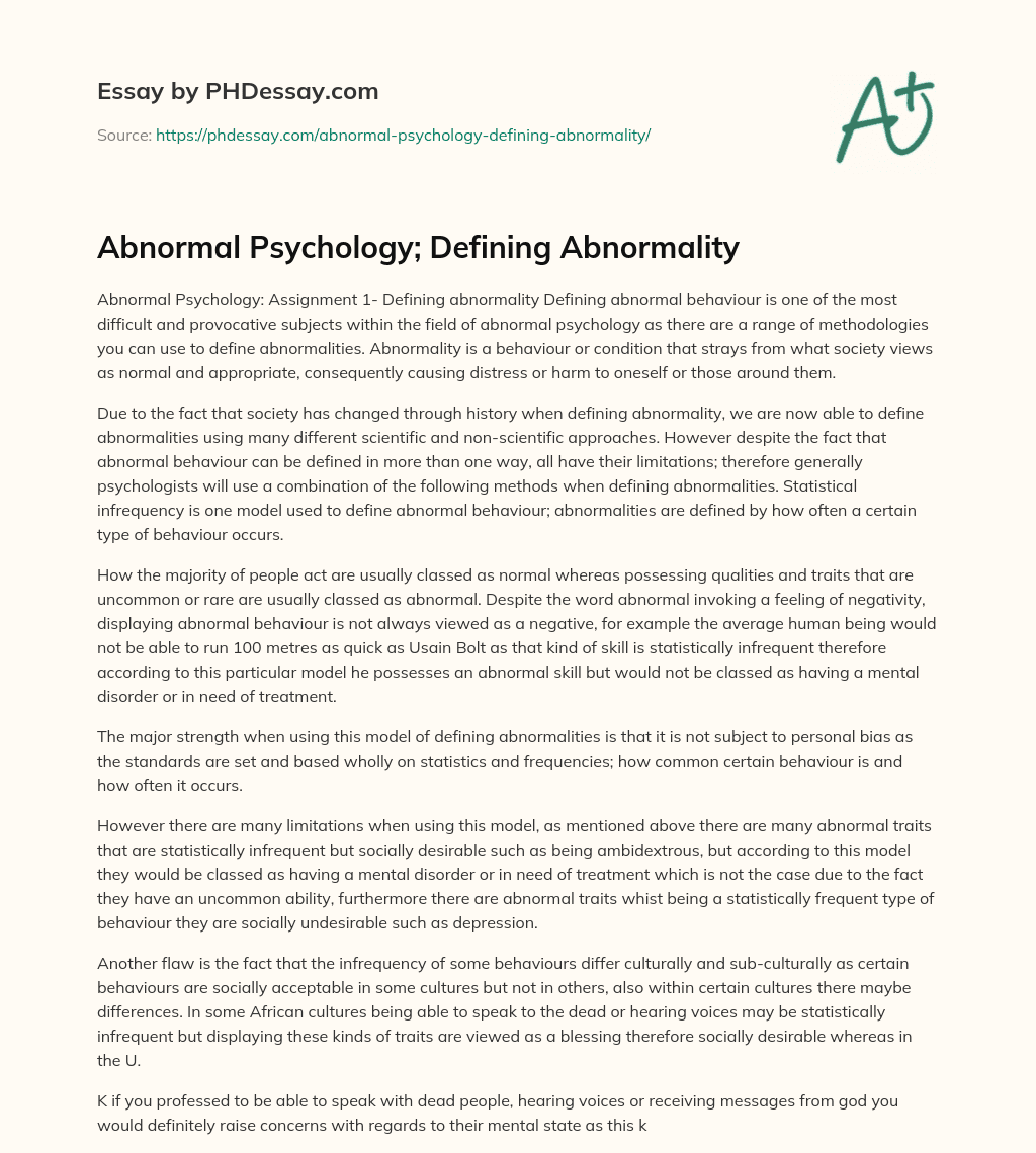Abnormal Psychology; Defining Abnormality essay