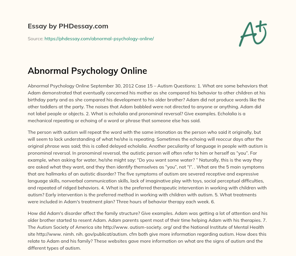 Abnormal Psychology Online essay