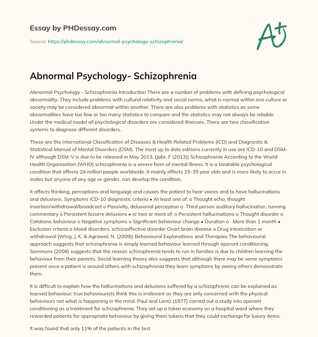 Abnormal Psychology- Schizophrenia essay