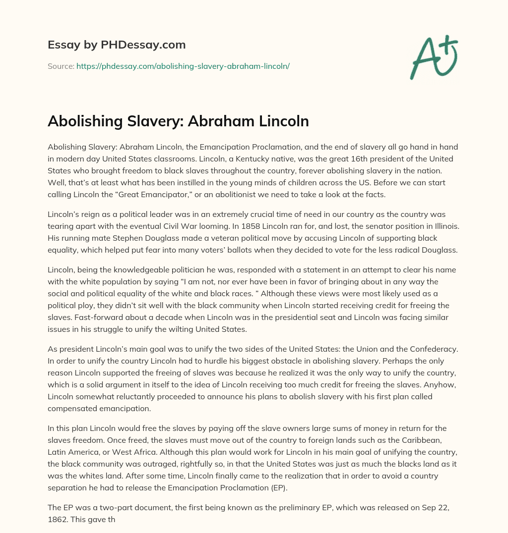 Abolishing Slavery: Abraham Lincoln essay