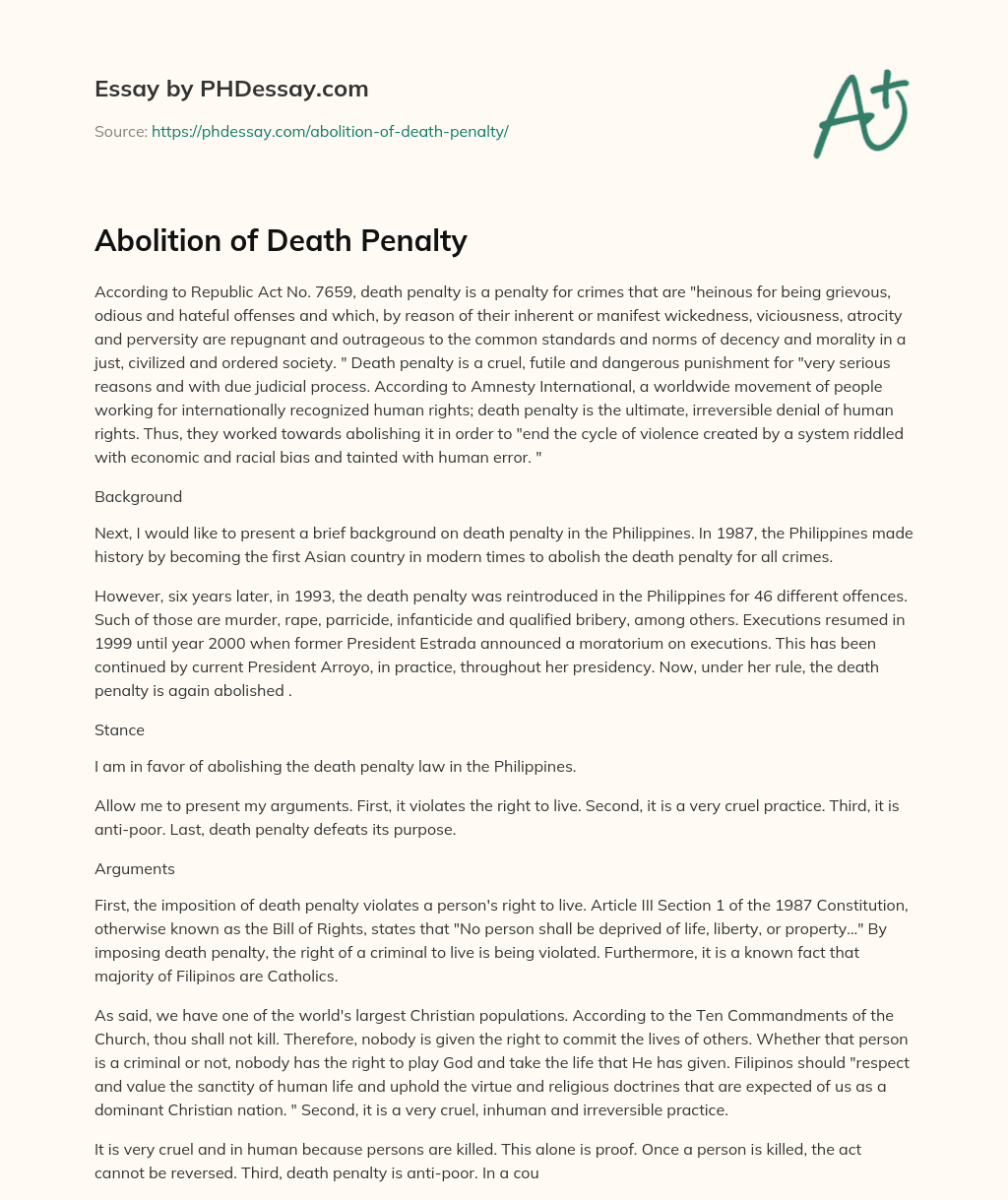 Abolition of Death Penalty essay