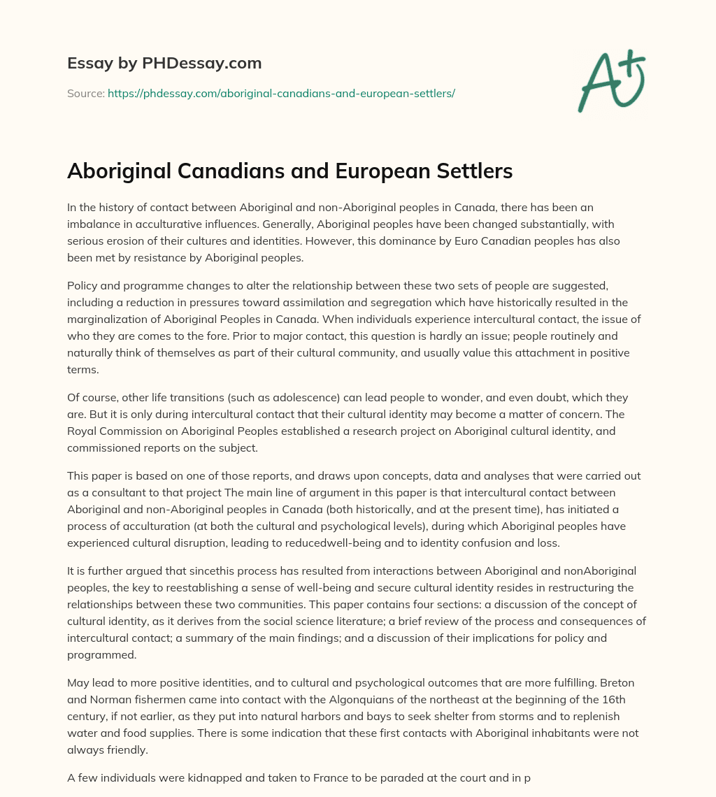 Aboriginal Canadians and European Settlers essay