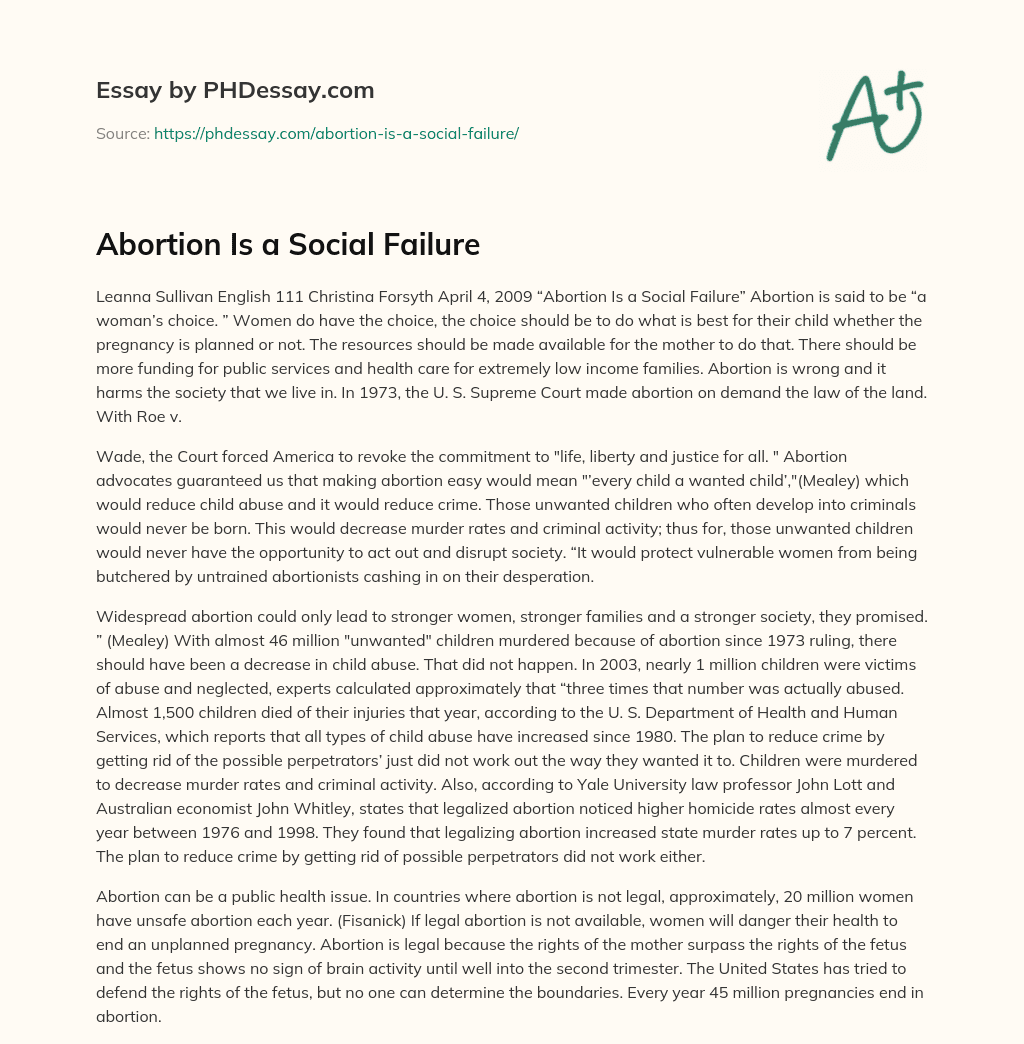 Abortion Is a Social Failure essay