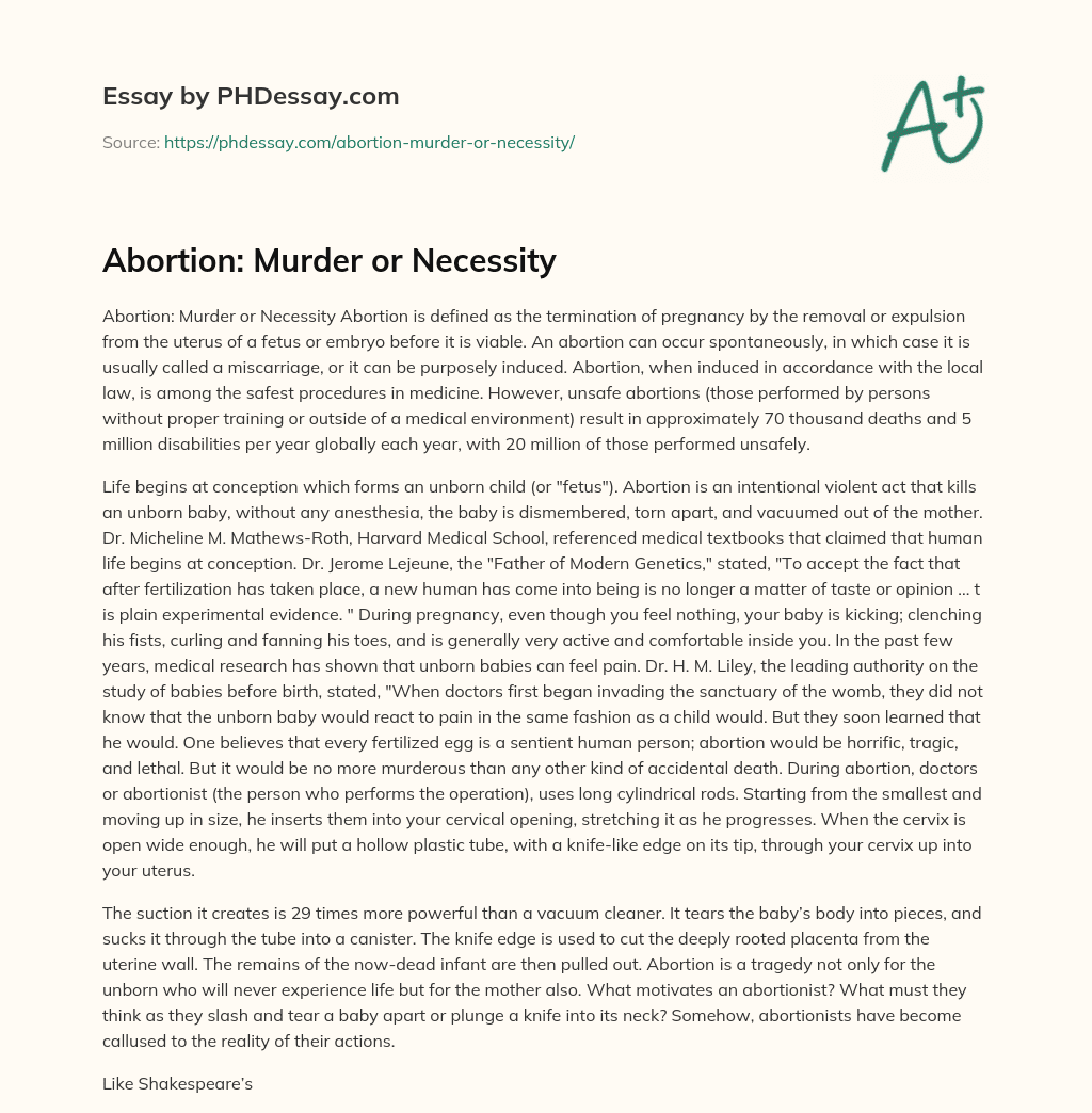 Abortion: Murder or Necessity essay
