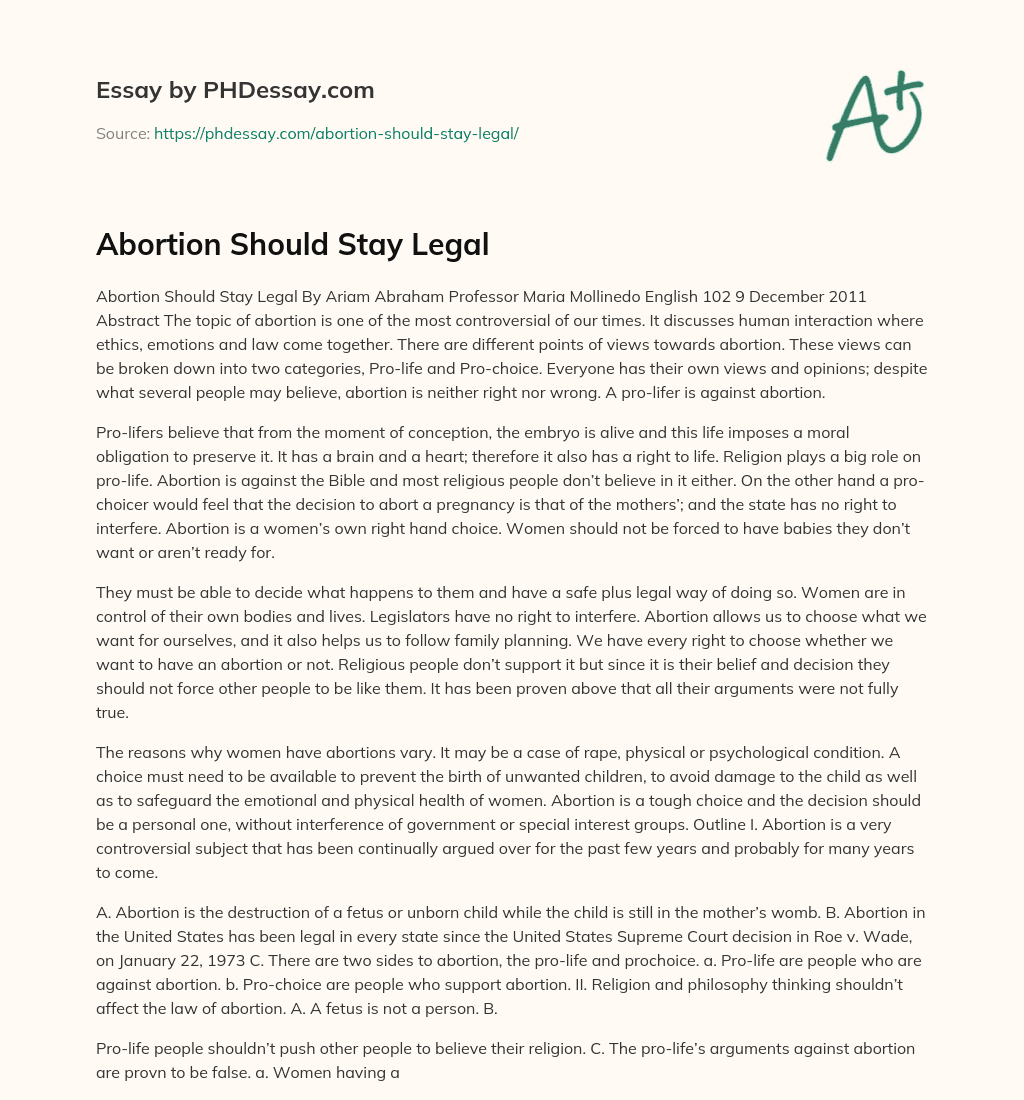 Abortion Should Stay Legal essay
